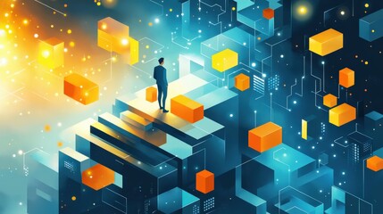 Poster - a man stands on digital stairs amidst floating geometric shapes and glowing particles in a tech-insp