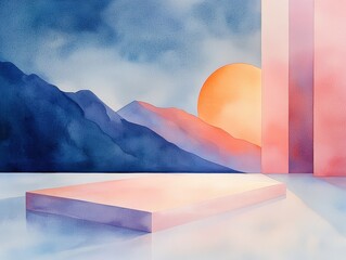 Poster - sunset landscape with geometric shapes abstract art serene environment tranquil viewpoint modern con