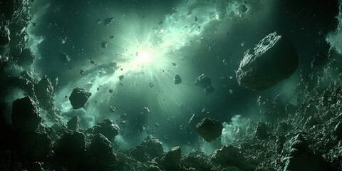 Poster - Asteroid collision event outer space digital art cosmic environment dramatic viewpoint energy concept