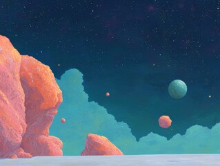 Poster - exploring cosmic landscapes outer space digital art celestial environment surreal viewpoint imaginat