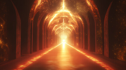 Wall Mural - A luminous and ethereal hallway, adorned with celestial patterns, illuminated by a radiant light source at the end, beckoning the viewer into the unknown. Luminous Infinite Corridor. Illustration