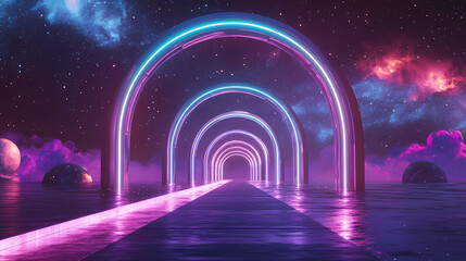 Wall Mural - Futuristic neon gateway with glowing archways and starry night sky. Luminous Infinite Corridor. Illustration