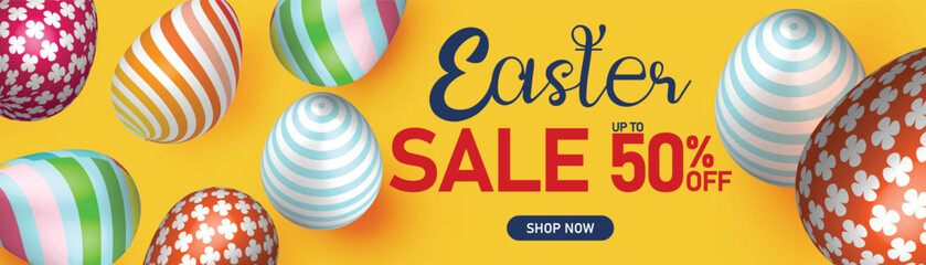 Easter sale banner with colorful eggs, yellow background, and 50% off discount, vibrant holiday shopping promotion, festive template