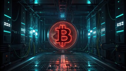Poster - Modern Blockchain Technology with Bitcoin Symbol and Digital Currency Elements Wallpaper Background