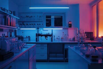 Poster - Modern laboratory illuminated with blue and pink lights at night