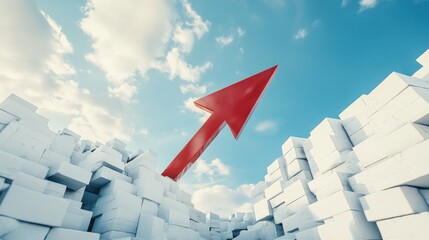 Poster - A large red arrow pointing upwards amidst a backdrop of white blocks under a blue sky