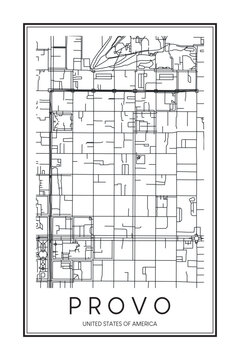 Printable downtown road map poster of the USA town of PROVO on solid white background with city name