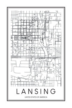 Printable downtown road map poster of the USA town of LANSING on solid white background with city name
