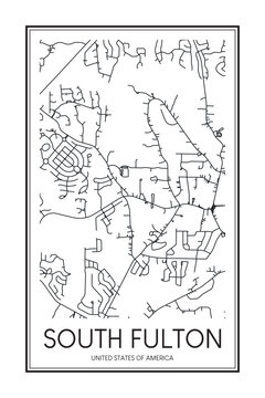 Printable downtown road map poster of the USA town of SOUTH FULTON on solid white background with city name