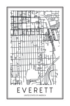 Printable downtown road map poster of the USA town of EVERETT on solid white background with city name