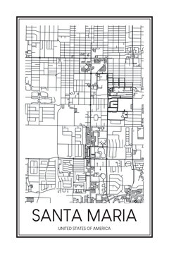 Printable downtown road map poster of the USA town of SANTA MARIA on solid white background with city name