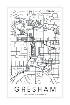 Printable downtown road map poster of the USA town of GRESHAM on solid white background with city name