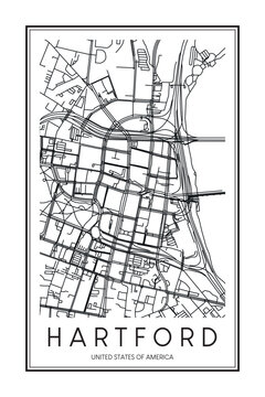 Printable downtown road map poster of the USA town of HARTFORD on solid white background with city name