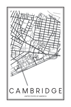 Printable downtown road map poster of the USA town of CAMBRIDGE on solid white background with city name