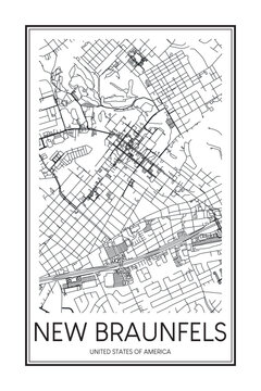 Printable downtown road map poster of the USA town of NEW BRAUNFELS on solid white background with city name