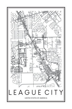 Printable downtown road map poster of the USA town of LEAGUE CITY on solid white background with city name