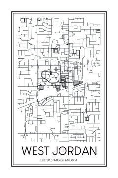 Printable downtown road map poster of the USA town of WEST JORDAN on solid white background with city name