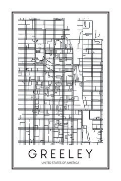Printable downtown road map poster of the USA town of GREELEY on solid white background with city name