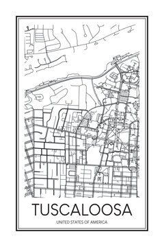 Printable downtown road map poster of the USA town of TUSCALOOSA on solid white background with city name