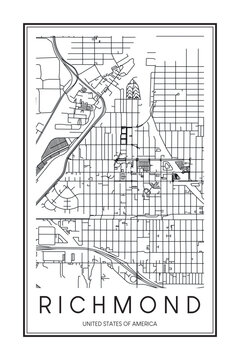Printable downtown road map poster of the USA town of RICHMOND on solid white background with city name