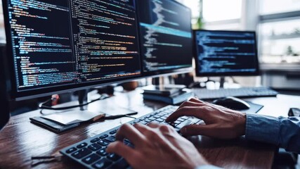 Developer coding on multiple monitors in modern office environment, programmer work process