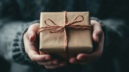 Wall Mural - a person holding a brown wrapped gift in their hands