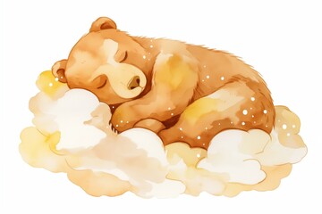 Wall Mural - bear Sleeping in cloud watercolor cartoon illustration isolated on white background