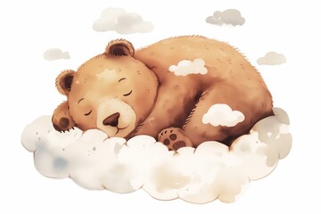 Wall Mural - little bear Sleeping in cloud watercolor cartoon illustration isolated on white background