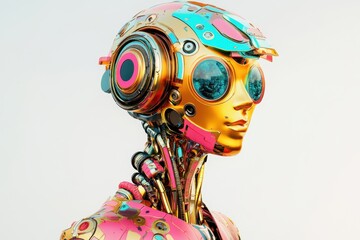 Poster - Futuristic robot with vibrant metallic features and expressive eyes in a minimalistic background