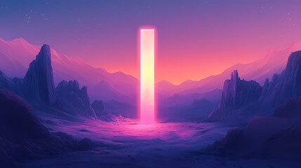Wall Mural - Mysterious glowing monolith stands alone in a vast desert landscape at twilight, surrounded by majestic mountains. Ancient Glowing Monoliths. Illustration