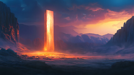 Wall Mural - Mysterious glowing monolith stands alone in a vast desert landscape at twilight, surrounded by majestic mountains. Ancient Glowing Monoliths. Illustration