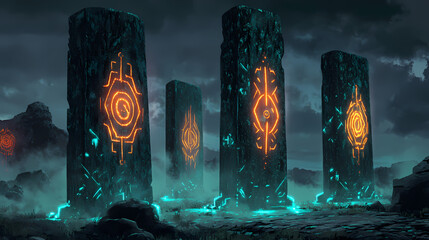 Seamless alien glyphs glowing on ancient monolith. ancient alien glyphs. illustration. Ancient Glowing Monoliths. Illustration