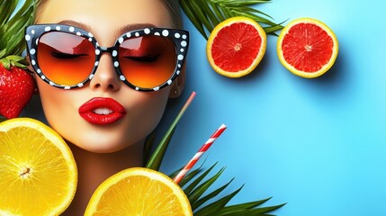 A woman in arafed attire wears stylish sunglasses, surrounded by vibrant strawberries and oranges, showcasing a playful, refreshing summer vibe.