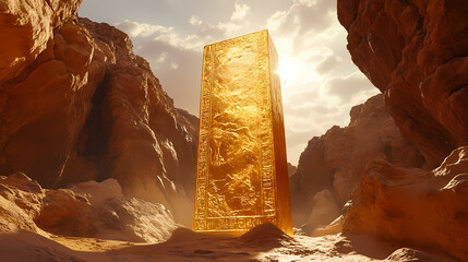 Wall Mural - A golden monolith covered in intricate ancient carvings stands between towering cliffs under a bright sun, evoking mystery and history. ai generated. Ancient Glowing Monoliths. Illustration