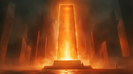 Wall Mural - A large, glowing obelisk emits radiant orange light in a misty, ancient temple, evoking mystery and magical energy. Ancient Glowing Monoliths. Illustration