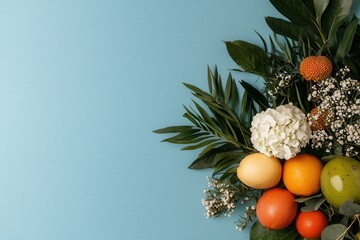 Poster - tropical flower and fruit arrangement whimsical display bright background nature artistic perspectiv