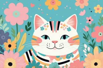 Wall Mural - Minimalist fantasy whimsical domestic cute cartoon cat animal with pastel color background 
illustration texture design.

