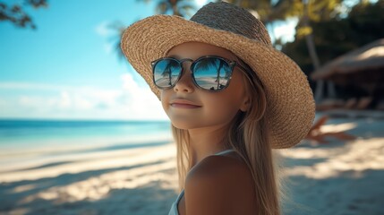 Wall Mural - A stylish blond woman dons a straw hat and sunglasses while enjoying a sunny day at the beach, radiating relaxation and summer vibes.