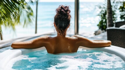 Wall Mural - A woman relaxes in a hot tub, facing away from the camera, creating a serene and tranquil atmosphere in a private setting.