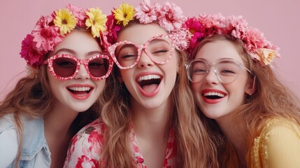 Wall Mural - Three girls pose together, adorned with vibrant flower crowns and stylish sunglasses, capturing a joyful moment in the sun.