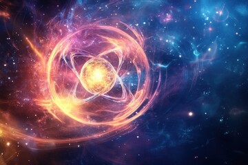 Poster - vibrant depiction of an atom in a cosmic background showcasing energy and mystery