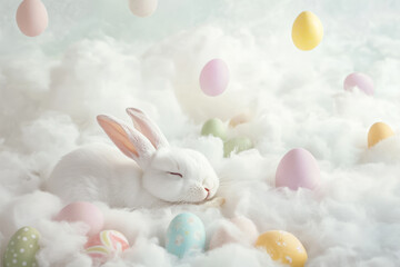 Wall Mural - a serene easter bunny sleeping on a bed of fluffy white clouds, with pastel-colored easter eggs floa