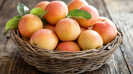 Wall Mural - A rustic wooden table displays a vibrant basket filled with fresh, juicy peaches, highlighting their rich color and natural beauty.