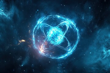 Poster - Vibrant atomic structure depicted in deep space against a starry backdrop