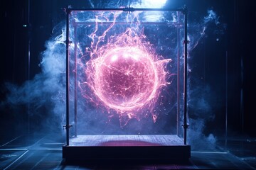 Poster - electric sphere emits vibrant energy in darkened laboratory setting