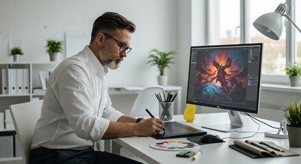 caucasian man working on digital art at modern office desk. graphic designer creating vibrant abstra