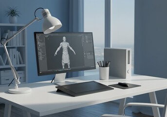 3D character modeling workspace with computer, graphics tablet, and desk lamp. Digital artist office setup for game design and animation projects