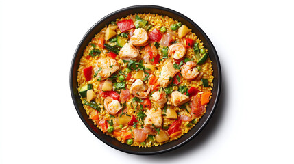 Wall Mural - Paella in a black pan, with spanish yellow rice, vegetables, seafood and meat, food bundle isolated on a white background.