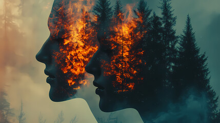 Wall Mural - Double exposure portrait of two faces with forest fire. generative ai image. Surreal Haunted Forest. Illustration