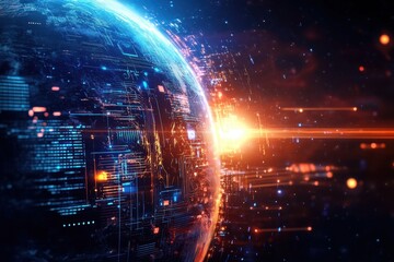 Fototapete - Digital visualization of a futuristic planet with glowing energy rays and circuit patterns
